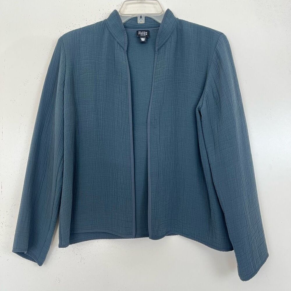 Eileen Fisher Rayon Silk Open Jacket Small Petite Crinkle Muslin Texture Gray PS